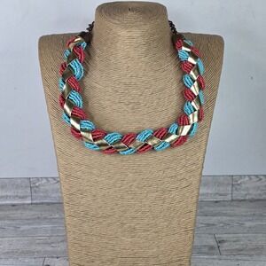 Tanjore India Statement Twisted Necklace Turquoise & Coral Seed Beads Weave Boho